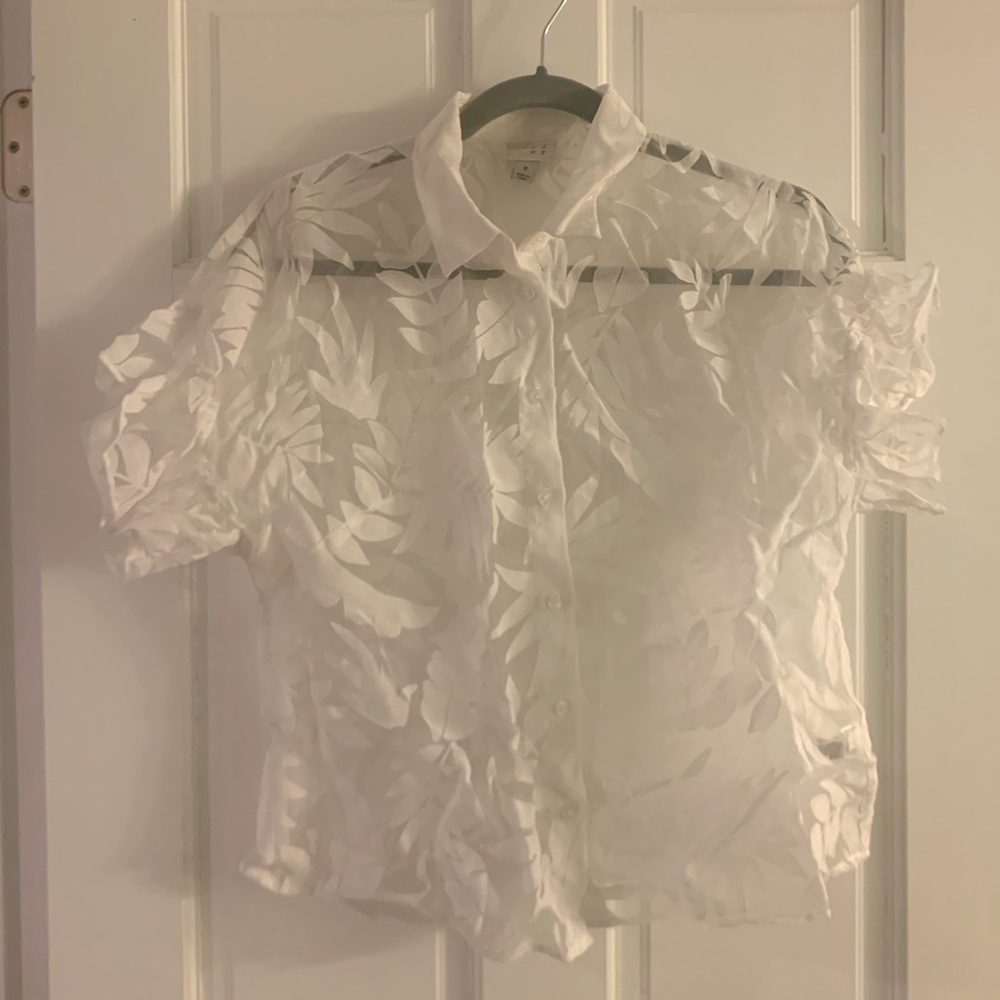 Sheer Boxy Floral Button-up Tee w/ Ruffle Sleeve